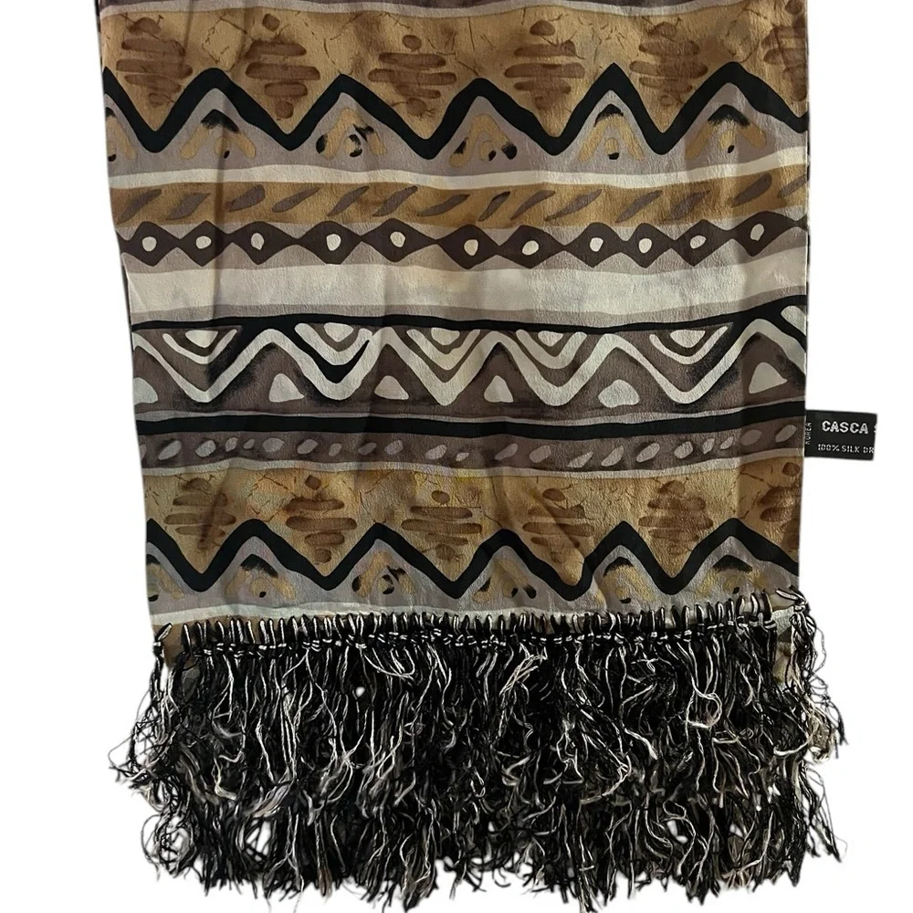 CASCA Boho Silk Fringed African Print Oblong Scarf, Natural Colors